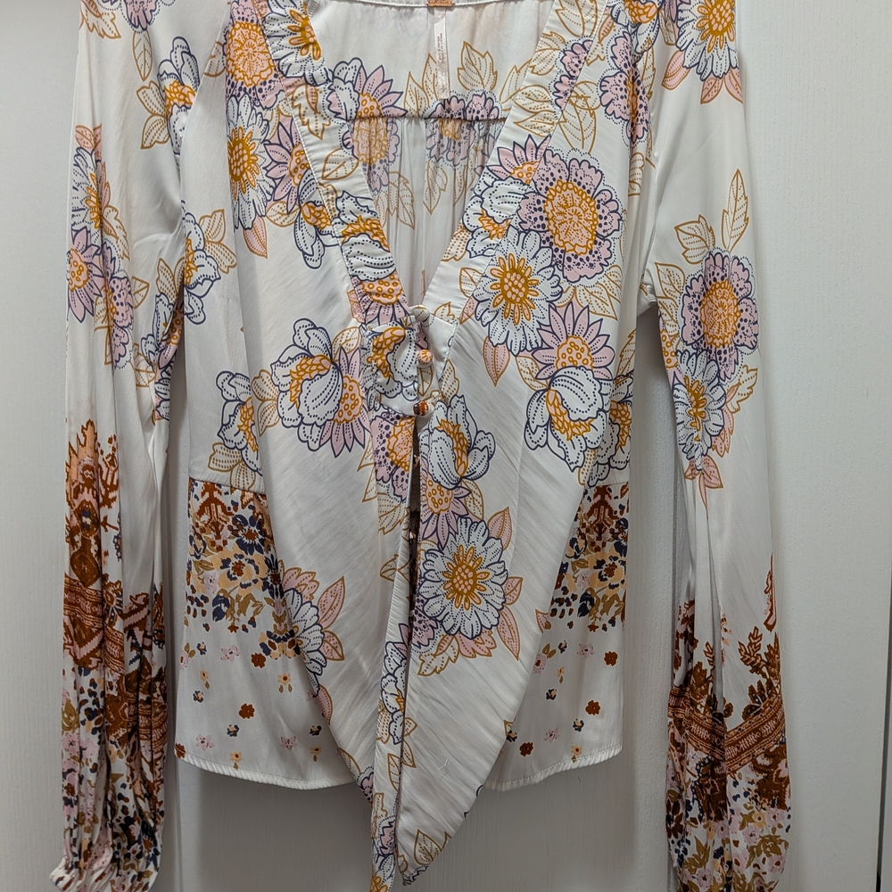 Free People Cream Floral Tie-Front Blouse with Yellow and Purple Accents